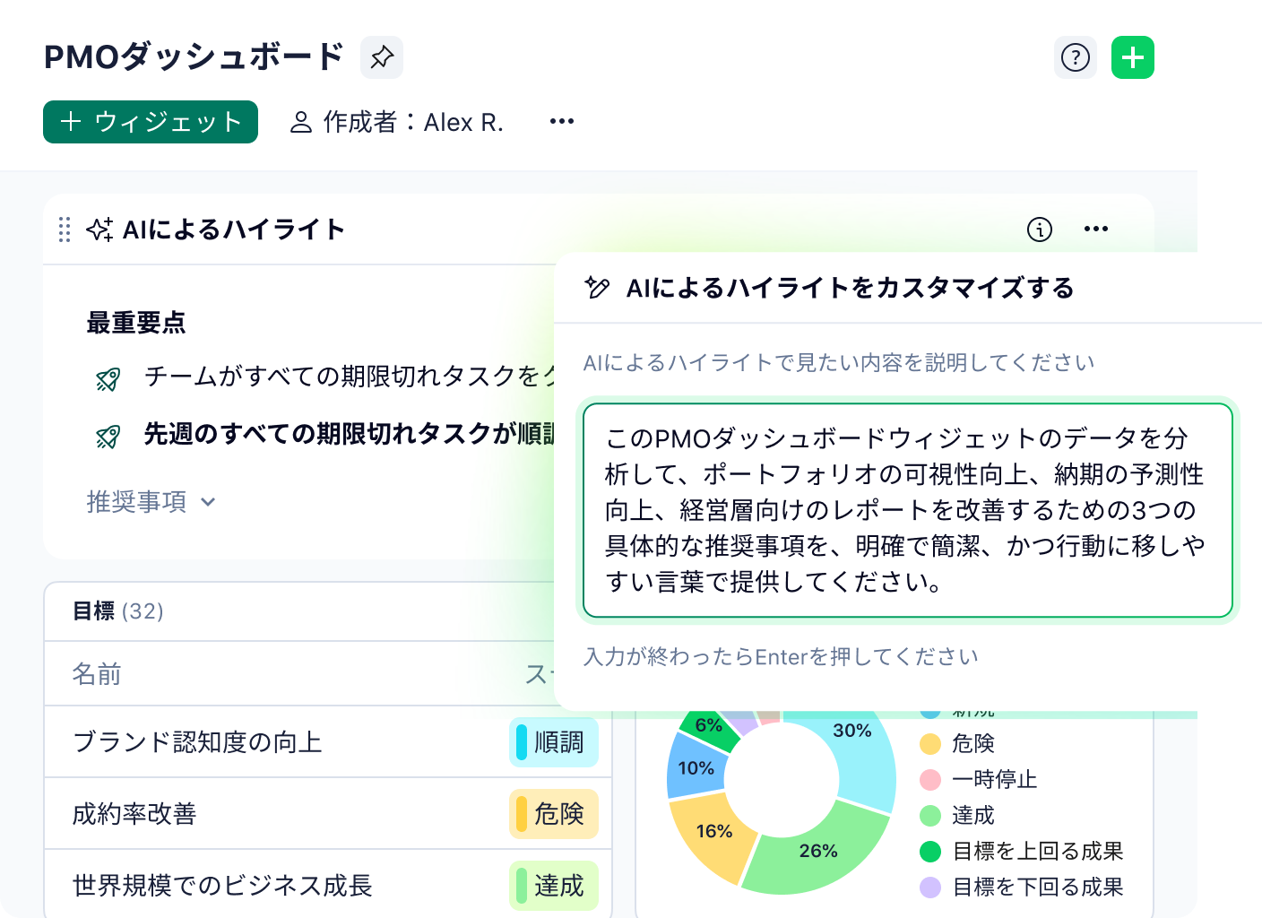 WrikeダッシュボードにAIハイライトパネルとパーソナライズ済みタスク一覧が表示されています.