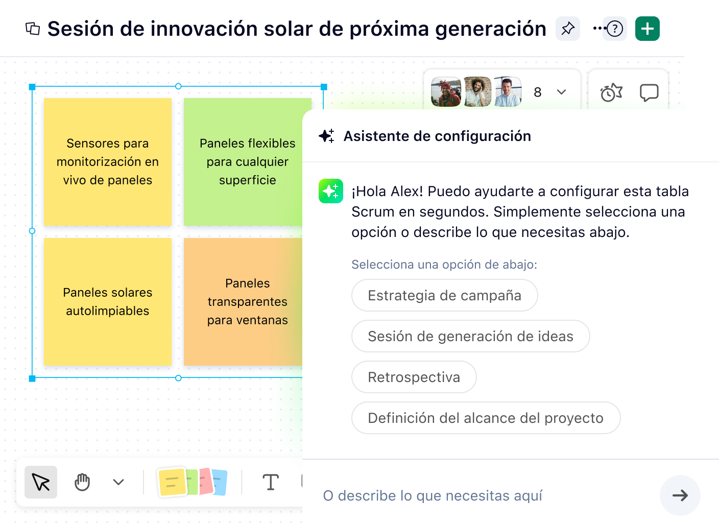 Interfaz de asistente de IA para pizarra con opciones de generación de diagramas.