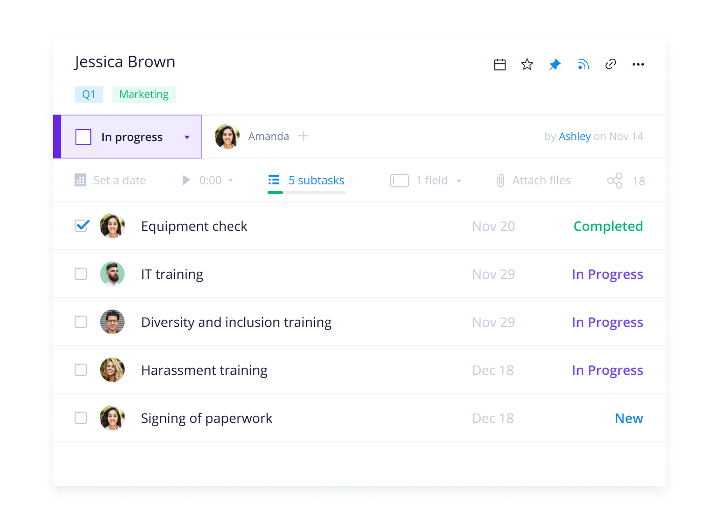 Wrike task view showing subtasks hierarchy with statuses, assignees and due dates.