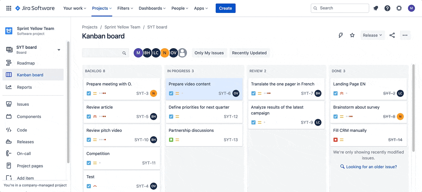 Kanban board in Jira showing tasks moving across workflow columns.